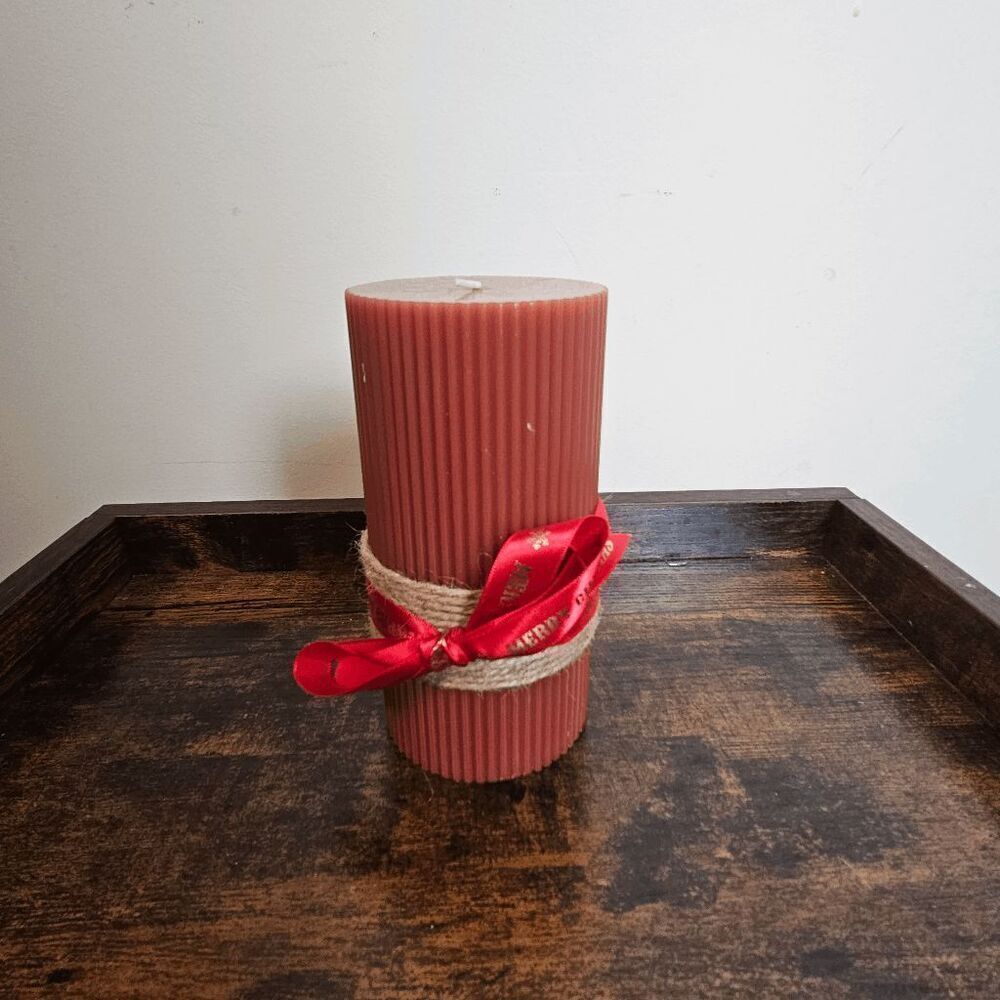 The Floral Society Fancy Pillar Christmas Candle Ribbed Collar 3x6 inch 60 Hour